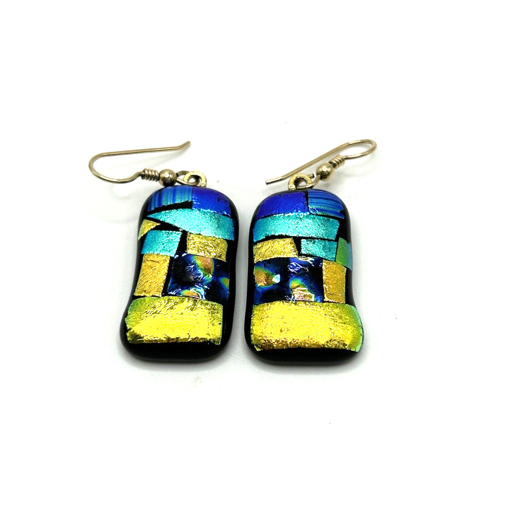 Abstract‎ Blue Yellow Art Glass Pierced Dangle Rectangle Earrings Art to Wear